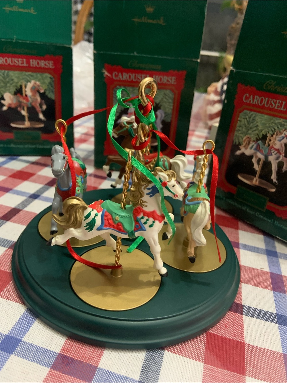 Hallmark Green & Gold Carousel Horse Ornament Display